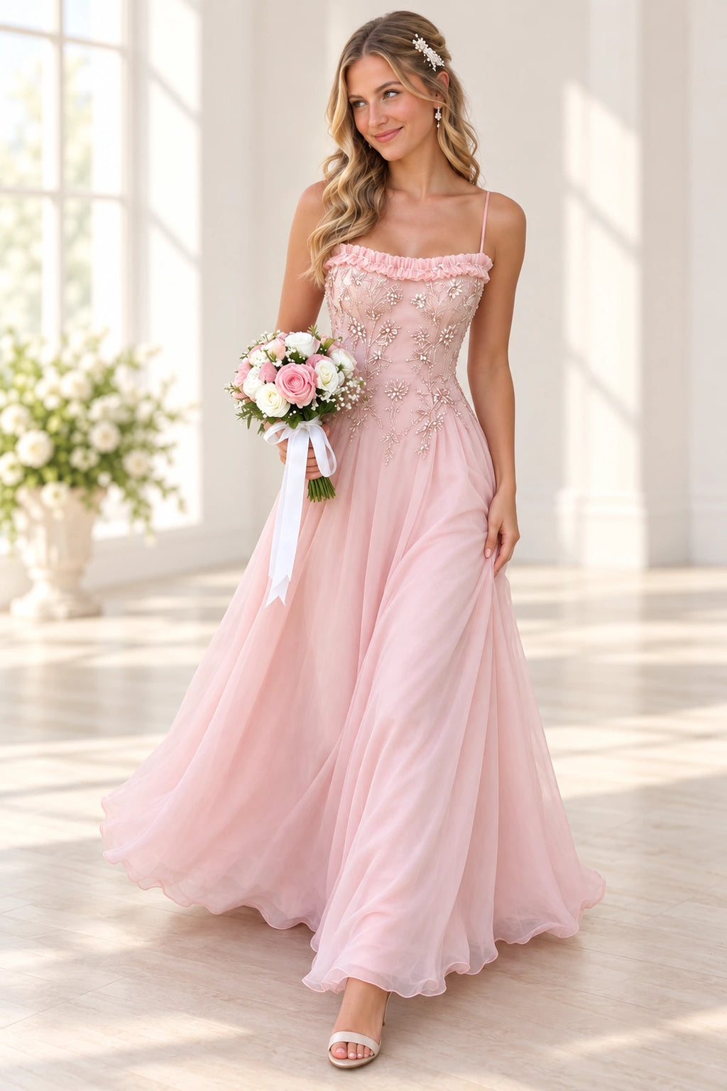 Romantic Chiffon A Line Square Neck Spaghetti Strap Long Bridesmaid Dress