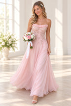 Romantic Chiffon A Line Square Neck Spaghetti Strap Long Bridesmaid Dress