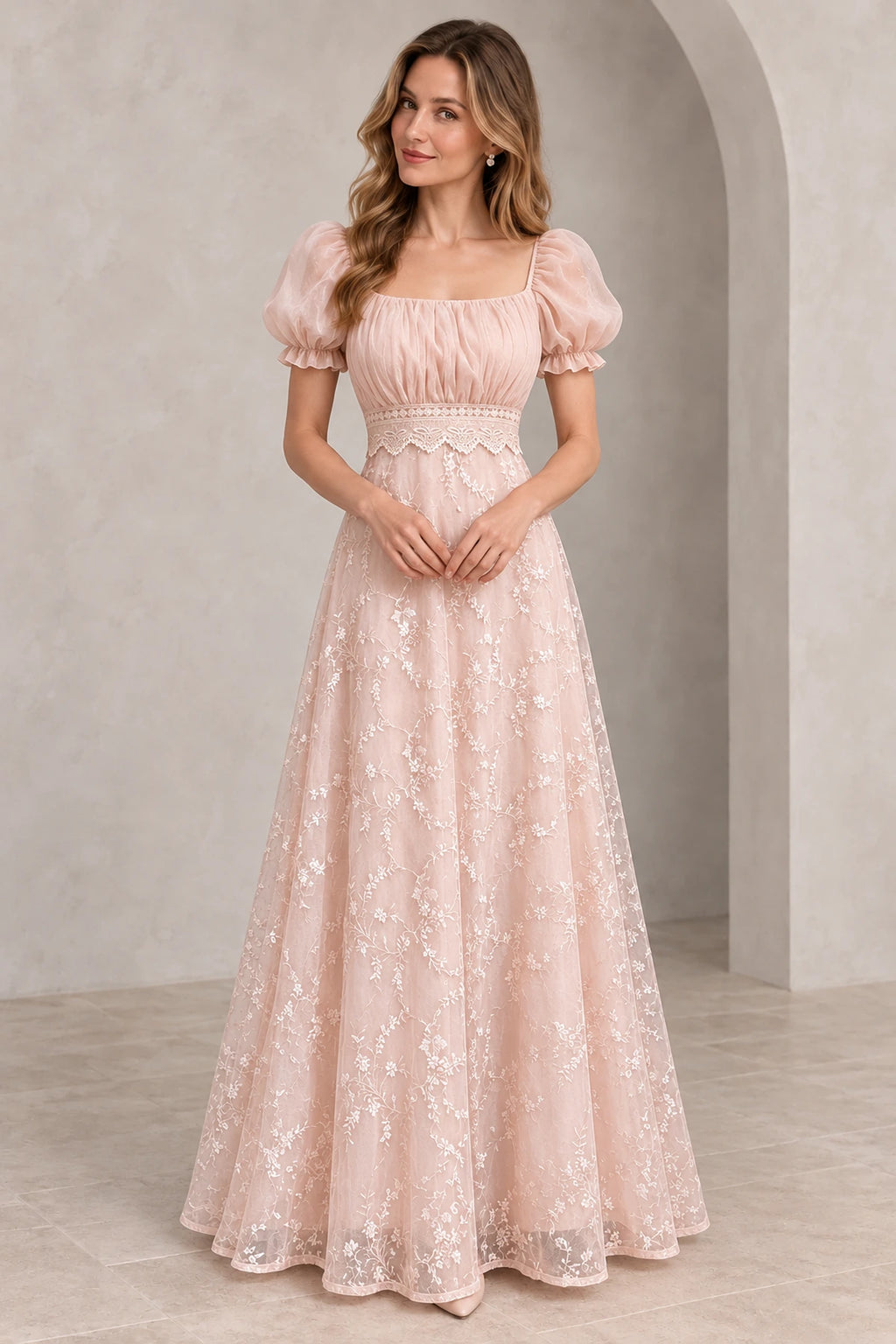 Romantic blush pink floral embroidered tulle wedding guest dress with square neckline, puff sleeves, ruched bodice and flowing A-line skirt