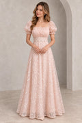 Romantic blush pink floral embroidered tulle wedding guest dress with square neckline, puff sleeves, ruched bodice and flowing A-line skirt
