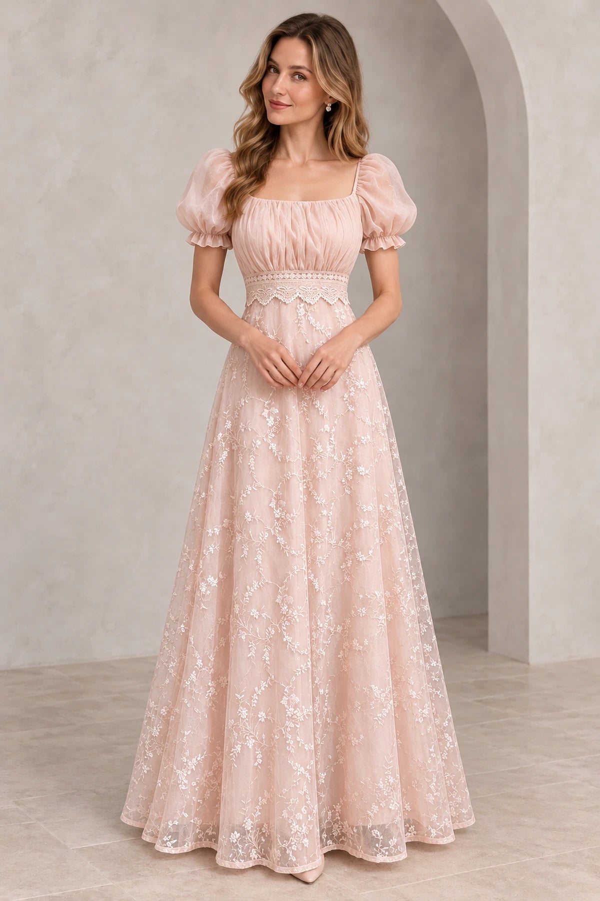 Romantic blush pink floral embroidered tulle wedding guest dress with square neckline, puff sleeves, ruched bodice and flowing A-line skirt