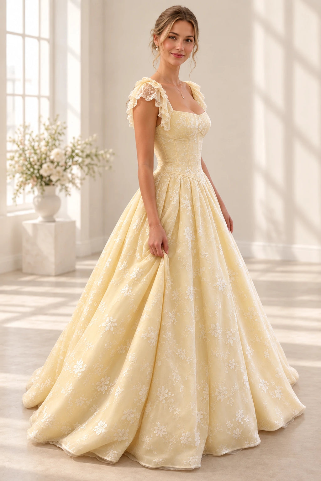 Romantic Floral Tulle Ball Gown Square Neck Flutter Sleeve Scoop Back Long Prom Dress