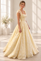 Romantic Floral Tulle Ball Gown Square Neck Flutter Sleeve Scoop Back Long Prom Dress