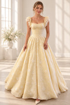 Romantic Floral Tulle Ball Gown Square Neck Flutter Sleeve Scoop Back Long Prom Dress
