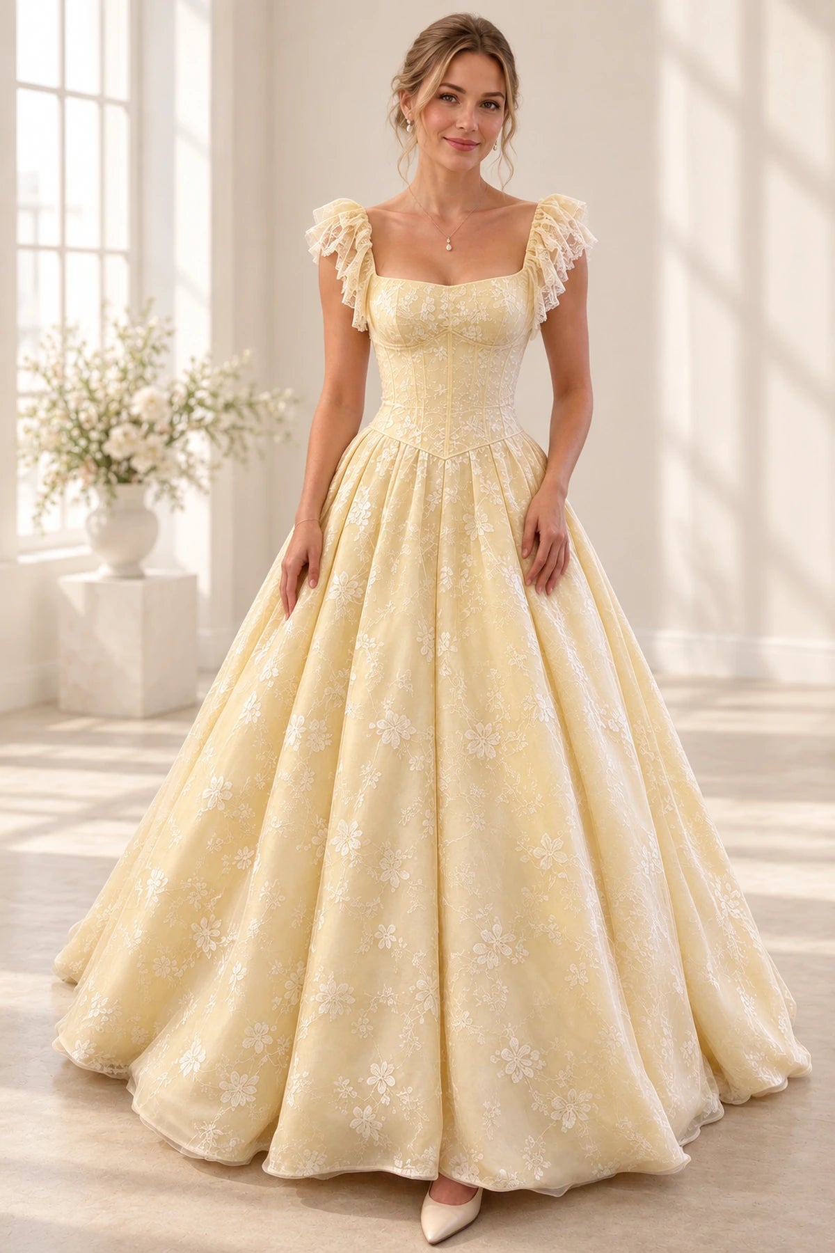 Romantic Floral Tulle Ball Gown Square Neck Flutter Sleeve Scoop Back Long Prom Dress