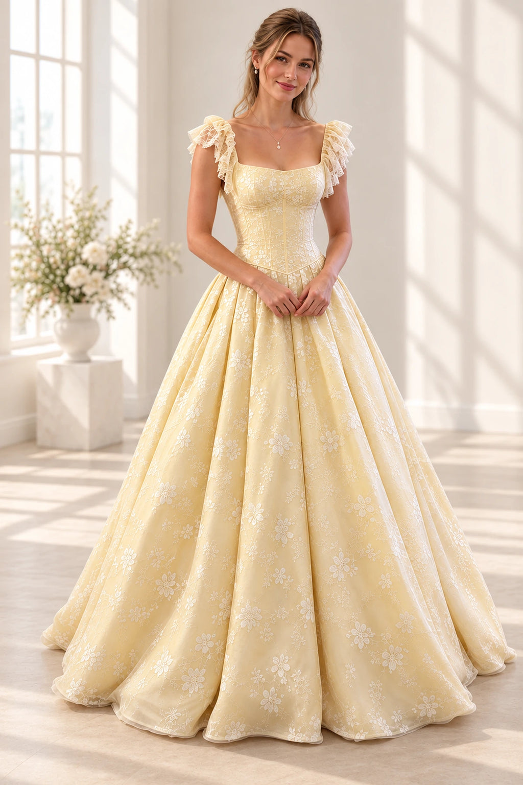 Romantic Floral Tulle Ball Gown Square Neck Flutter Sleeve Scoop Back Long Prom Dress