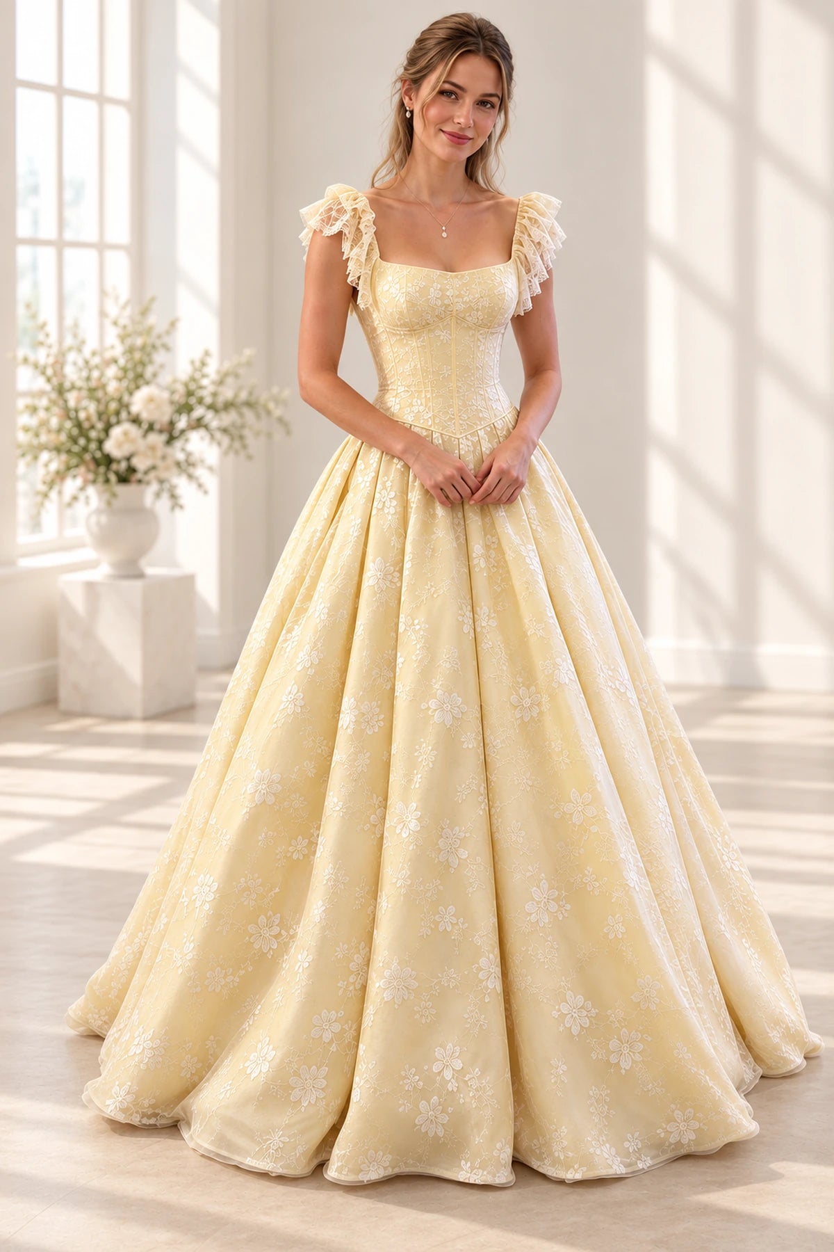 Romantic Floral Tulle Ball Gown Square Neck Flutter Sleeve Scoop Back Long Prom Dress