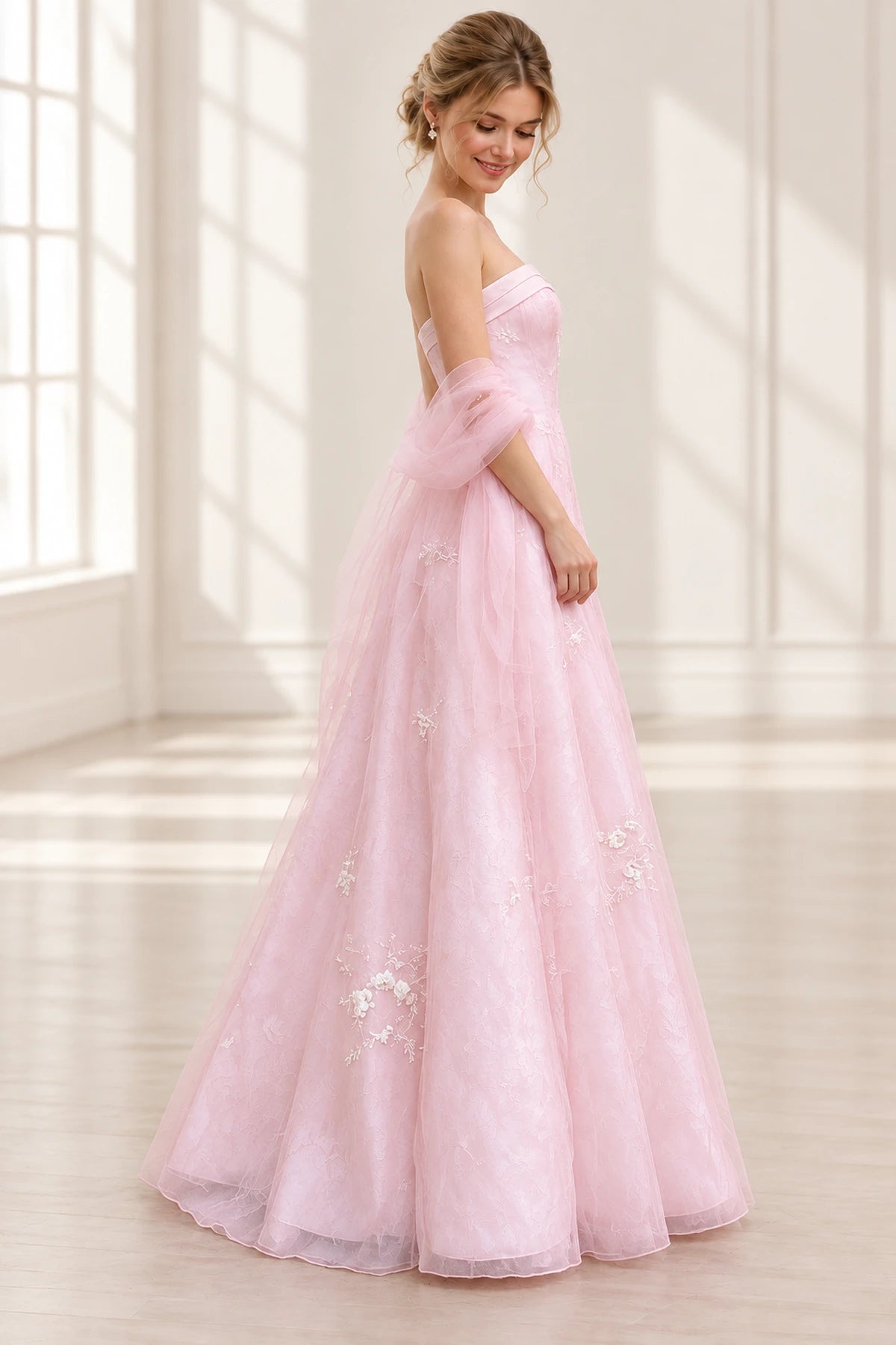 Romantic Floral Tulle A Line Strapless Sleeveless Zipper Back Long Prom Dress