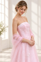 Romantic Floral Tulle A Line Strapless Sleeveless Zipper Back Long Prom Dress