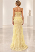 Graceprom embroidered lace mermaid prom gown with structured strapless back bodice, vertical seams, fitted skirt, and elegant train back view
