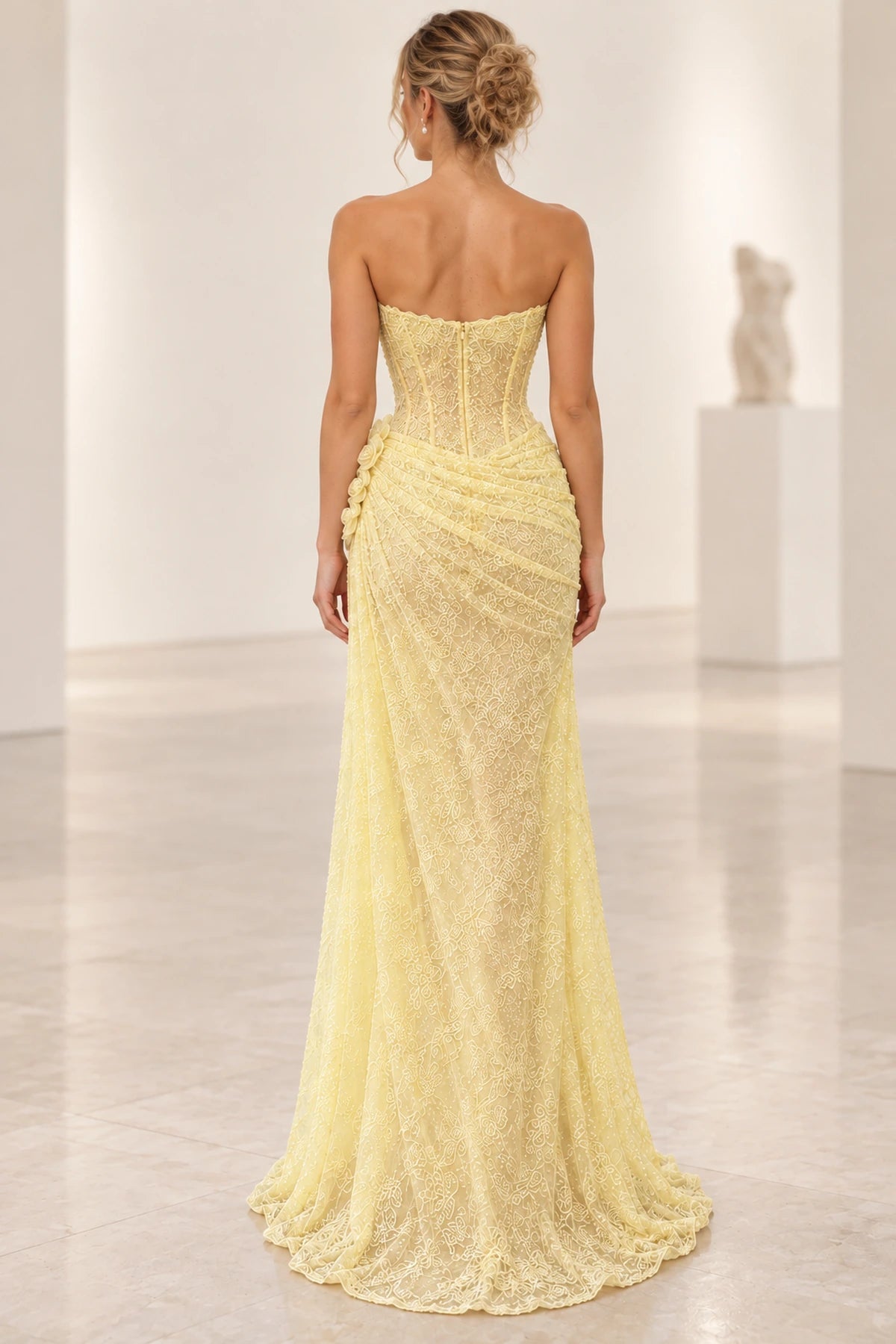 Graceprom embroidered lace mermaid prom gown with structured strapless back bodice, vertical seams, fitted skirt, and elegant train back view