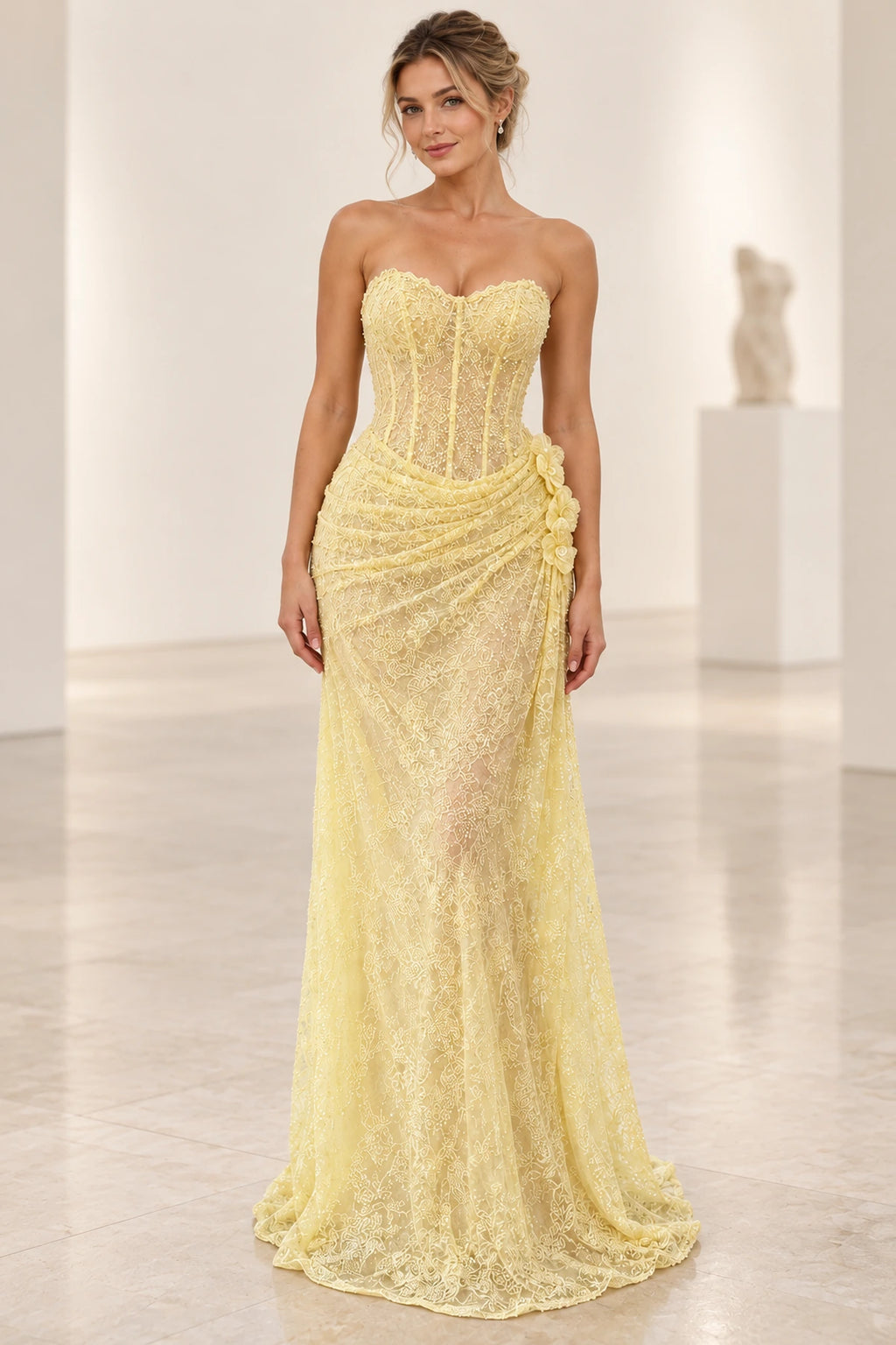Graceprom strapless lace mermaid prom dress with sweetheart neckline, embroidered floral bodice, draped hips, and floor-length train front view