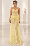 Graceprom strapless lace mermaid prom dress with sweetheart neckline, embroidered floral bodice, draped hips, and floor-length train front view