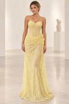 Graceprom strapless lace mermaid prom dress with sweetheart neckline, embroidered floral bodice, draped hips, and floor-length train front view