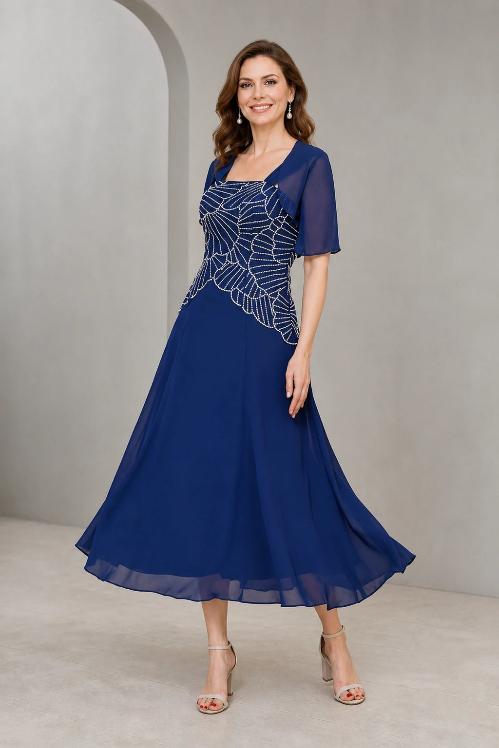 Polished A-Line Square-Neck Short-Sleeve Zip-Back Tea-Length Mother of the Bride Dress