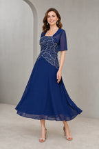 Polished A-Line Square-Neck Short-Sleeve Zip-Back Tea-Length Mother of the Bride Dress