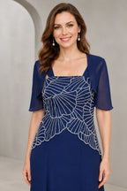 Polished A-Line Square-Neck Short-Sleeve Zip-Back Tea-Length Mother of the Bride Dress