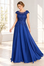 Elegant A Line Illusion Neck Cap Sleeves V Back Floor Length Wedding Guest Dress
