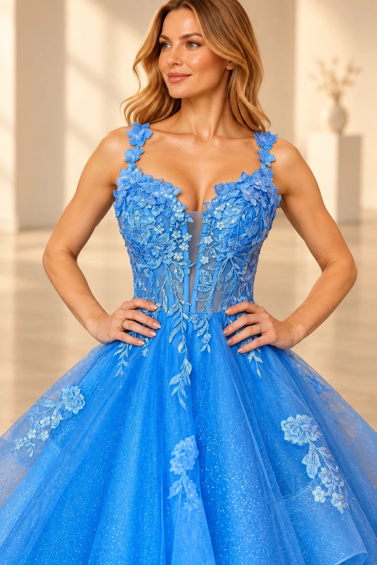 Romantic Mesh Ball Gown V-Neck Sleeveless Floor-Length Prom Dress