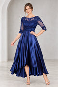 Royal blue mother of the bride dress with lace illusion neckline three quarter sleeves and high low skirt
