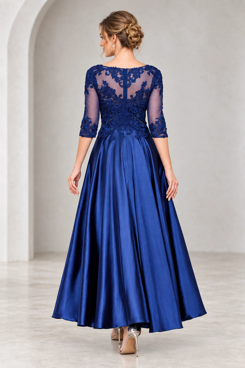 Royal blue mother of the bride dress back view with lace illusion back and flowing A line skirt