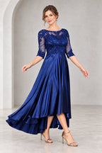 Sophisticated A-Line Illusion Neckline Three Quarter Sleeves High Low Mother of the Bride Dress