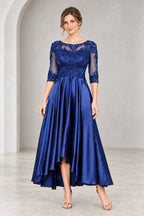 Sophisticated A-Line Illusion Neckline Three Quarter Sleeves High Low Mother of the Bride Dress