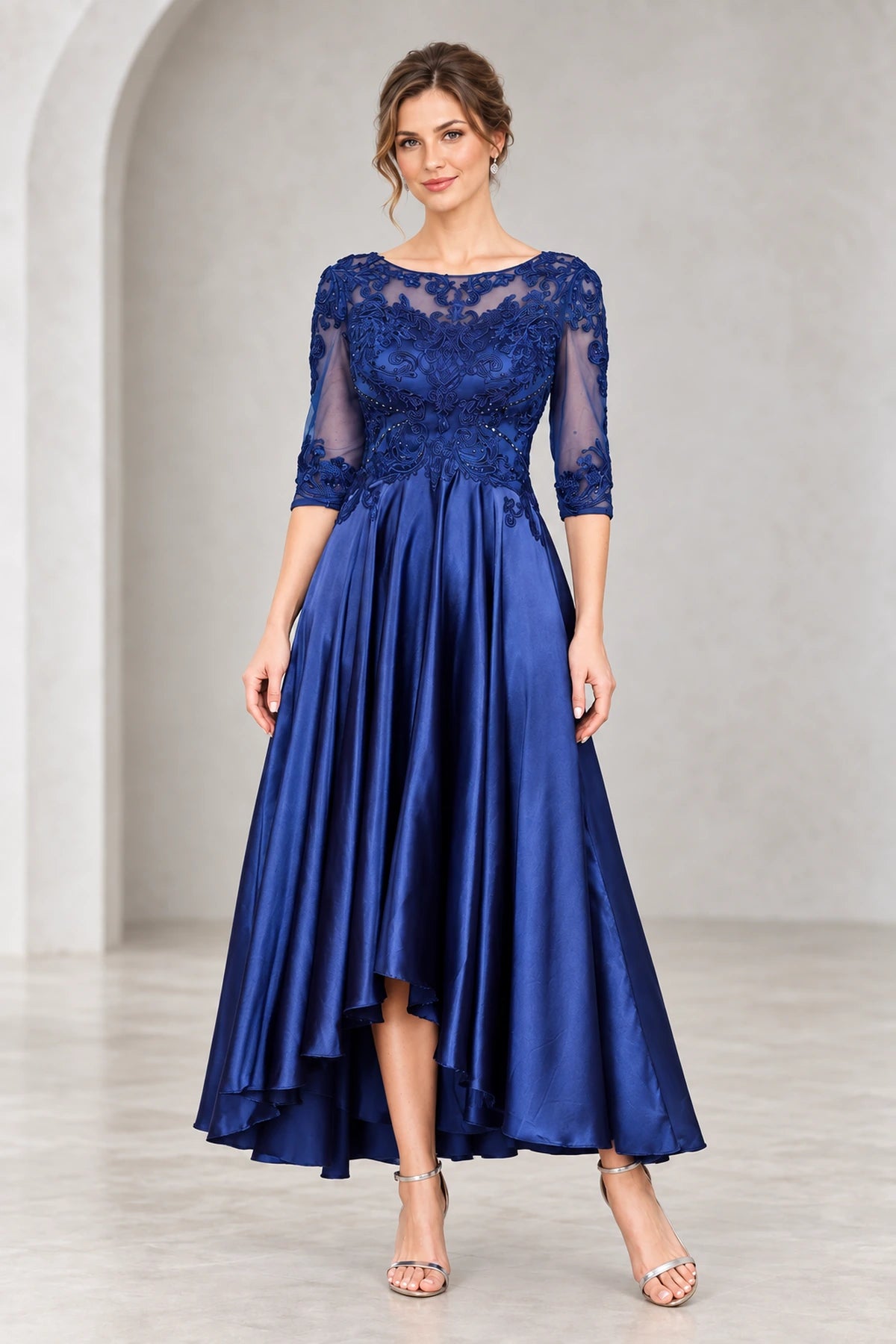 Sophisticated A-Line Illusion Neckline Three Quarter Sleeves High Low Mother of the Bride Dress