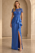 Royal blue Mother of the Bride Dress with floral lace bodice, short sleeves, side ruffle and front slit