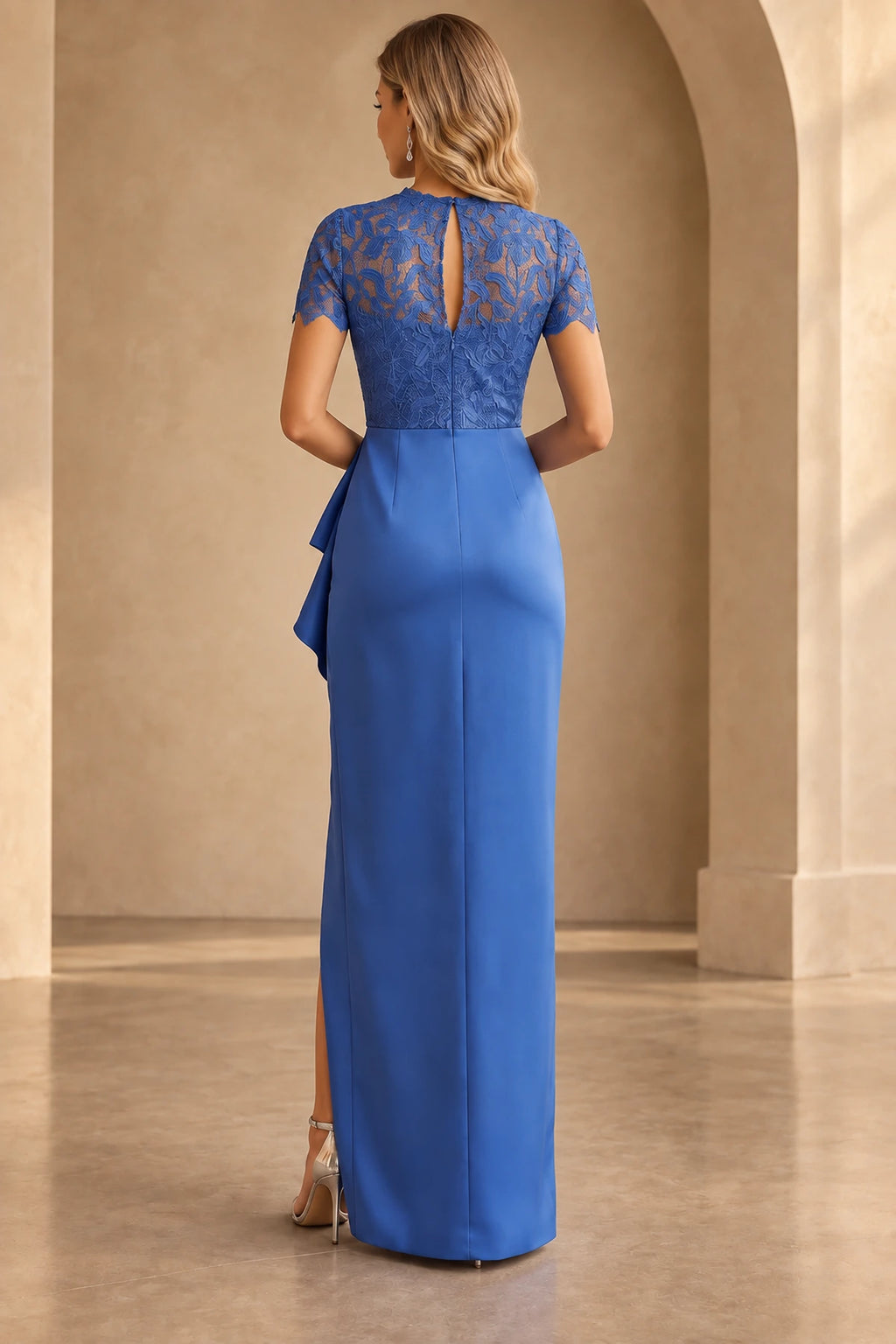 Back view of royal blue Mother of the Bride Dress with floral lace short sleeves, keyhole back and floor-length skirt