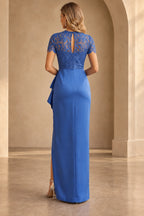 Back view of royal blue Mother of the Bride Dress with floral lace short sleeves, keyhole back and floor-length skirt