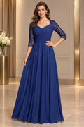 Royal blue A-line Mother of the Bride Dress with sweetheart neckline and lace sleeves