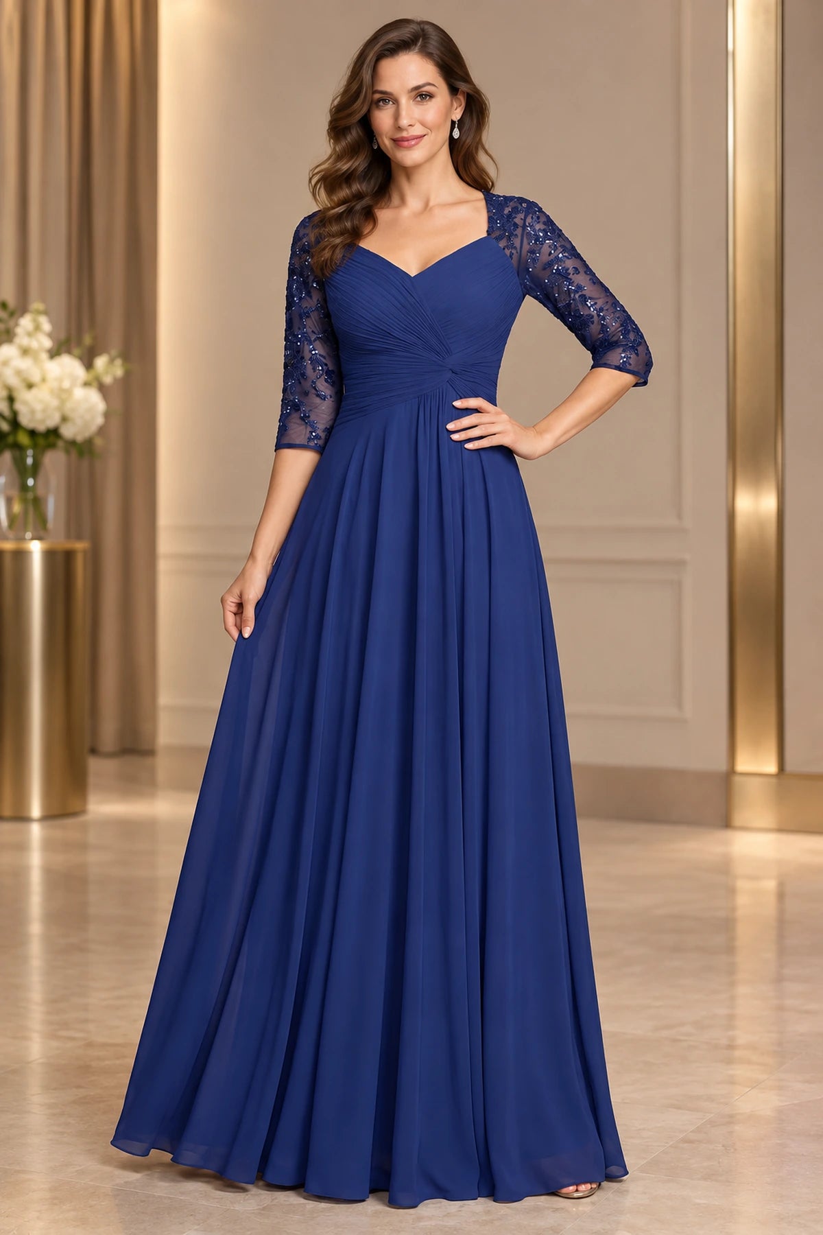 Royal blue A-line Mother of the Bride Dress with sweetheart neckline and lace sleeves