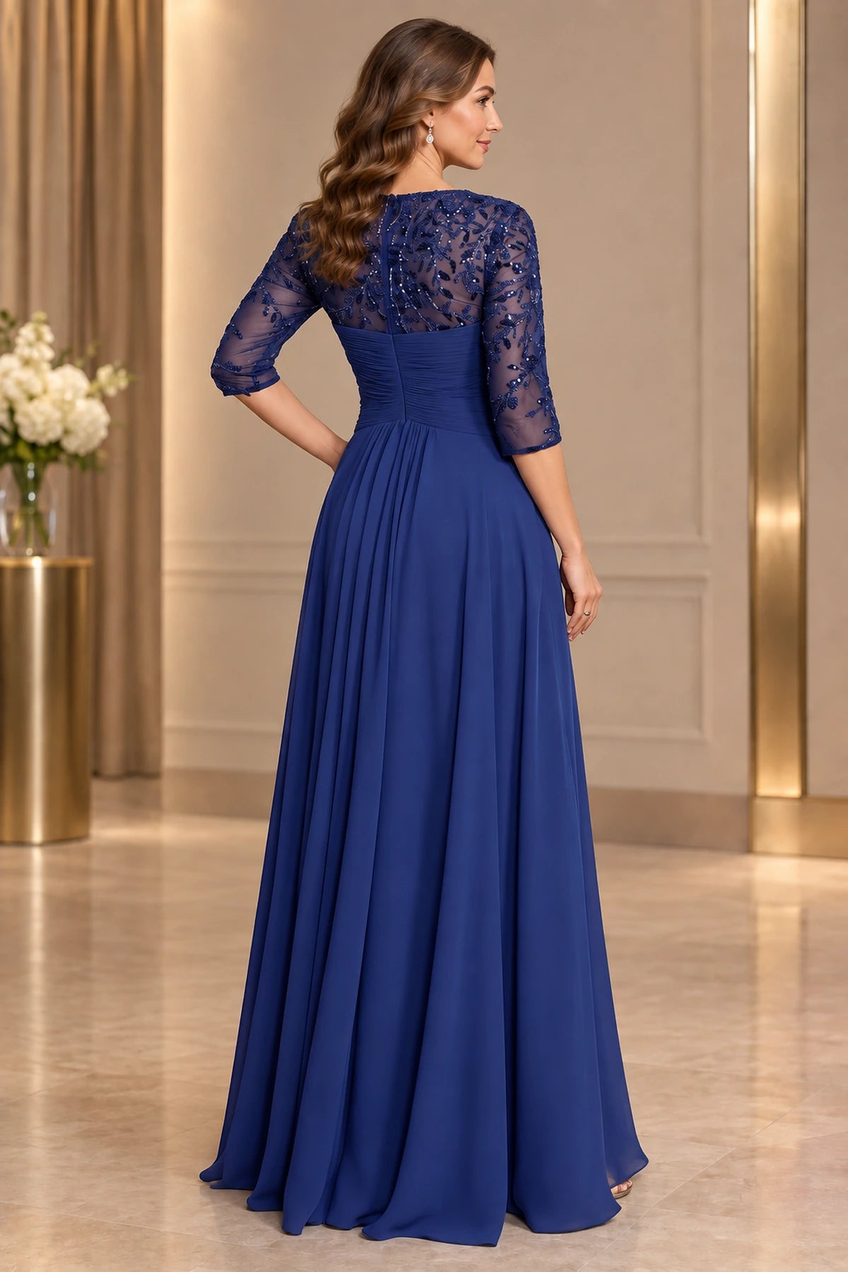 Royal blue Mother of the Bride Dress with sheer lace back and zipper closure