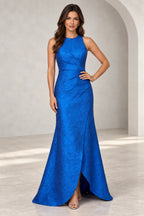 Royal blue sleeveless mother of the bride dress with jewel neckline and mermaid silhouette front view