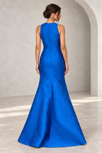 Royal blue mother of the bride dress with high back and zipper closure back view