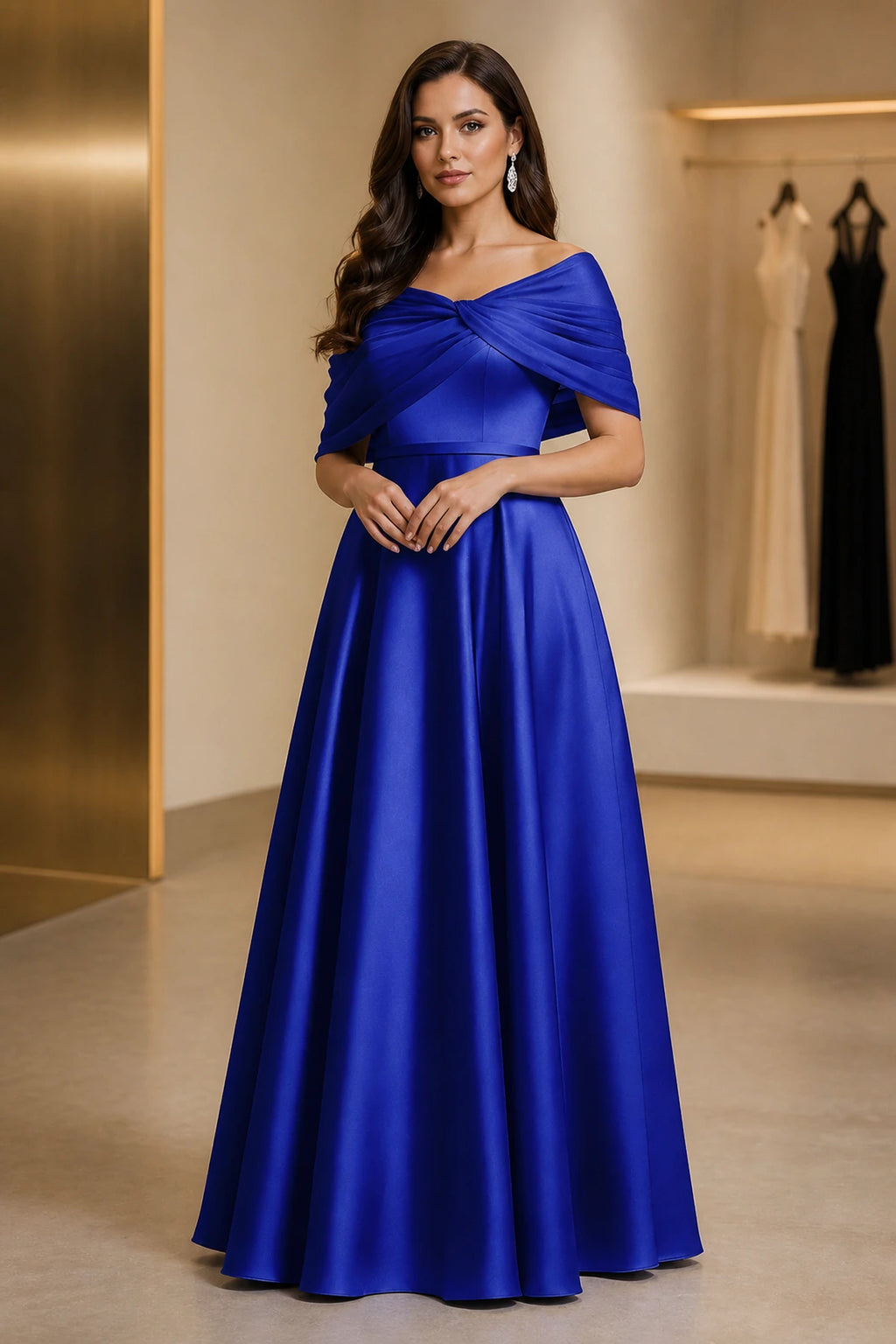 Royal blue A-line off shoulder Mother of the Bride Dress with ruched back and floor-length skirt by Vedress