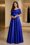 Royal blue A-line off shoulder Mother of the Bride Dress with ruched back and floor-length skirt by Vedress