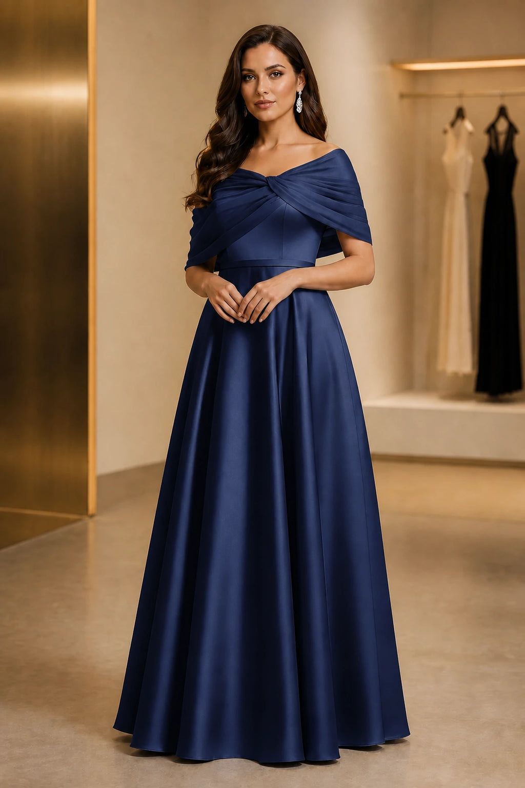 Regal A-Line Off Shoulder Short Sleeve Ruched Back Long Mother of the Bride Dress