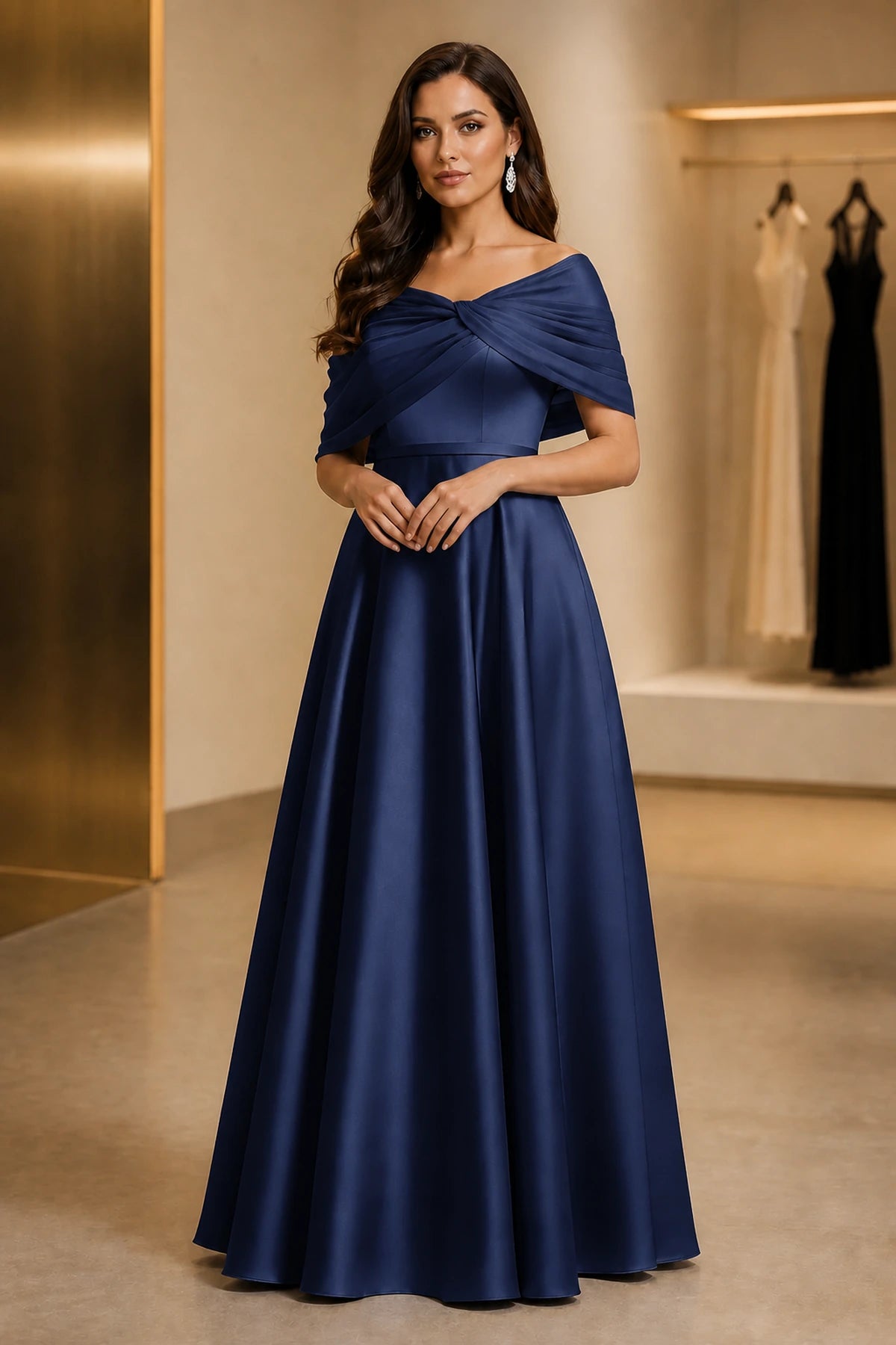 Regal A-Line Off Shoulder Short Sleeve Ruched Back Long Mother of the Bride Dress
