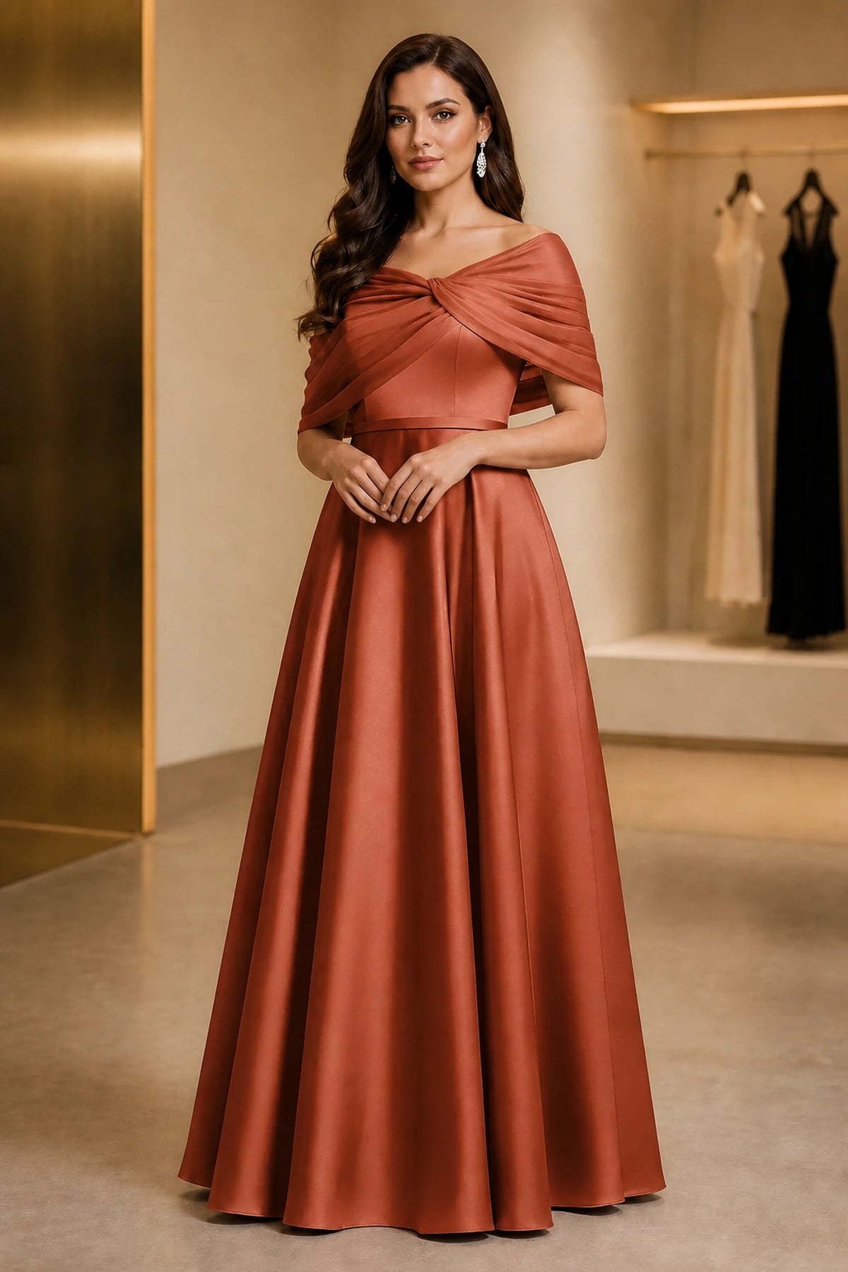 Regal A-Line Off Shoulder Short Sleeve Ruched Back Long Mother of the Bride Dress