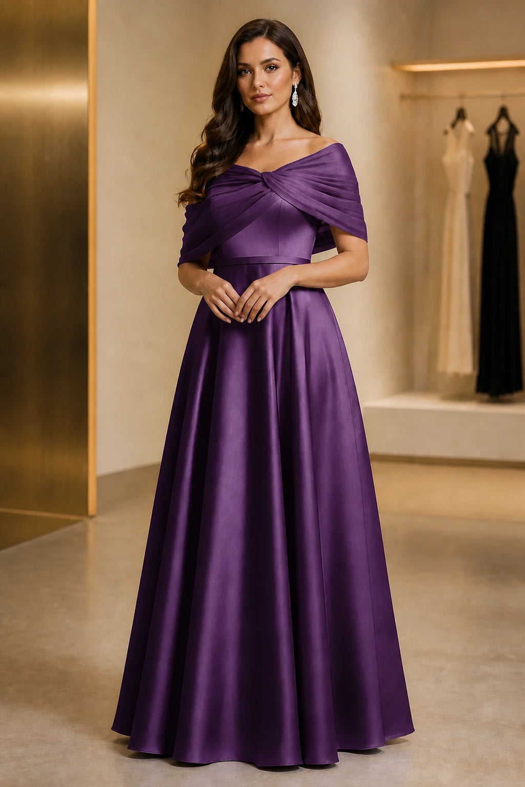 Regal A-Line Off Shoulder Short Sleeve Ruched Back Long Mother of the Bride Dress