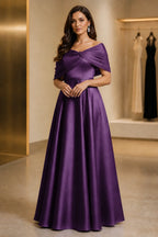 Regal A-Line Off Shoulder Short Sleeve Ruched Back Long Mother of the Bride Dress