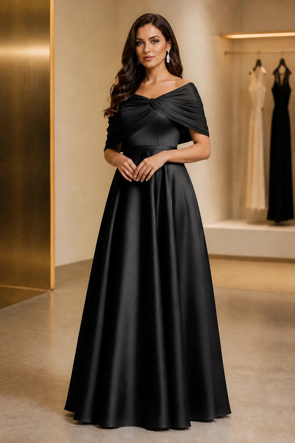 Regal A-Line Off Shoulder Short Sleeve Ruched Back Long Mother of the Bride Dress