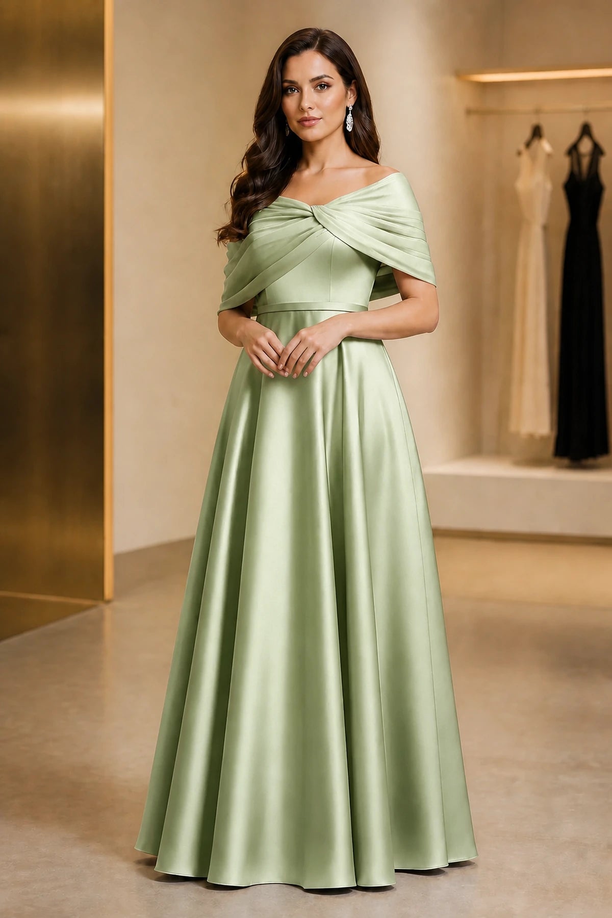 Regal A-Line Off Shoulder Short Sleeve Ruched Back Long Mother of the Bride Dress
