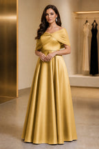 Regal A-Line Off Shoulder Short Sleeve Ruched Back Long Mother of the Bride Dress