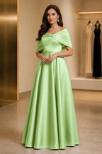 Regal A-Line Off Shoulder Short Sleeve Ruched Back Long Mother of the Bride Dress
