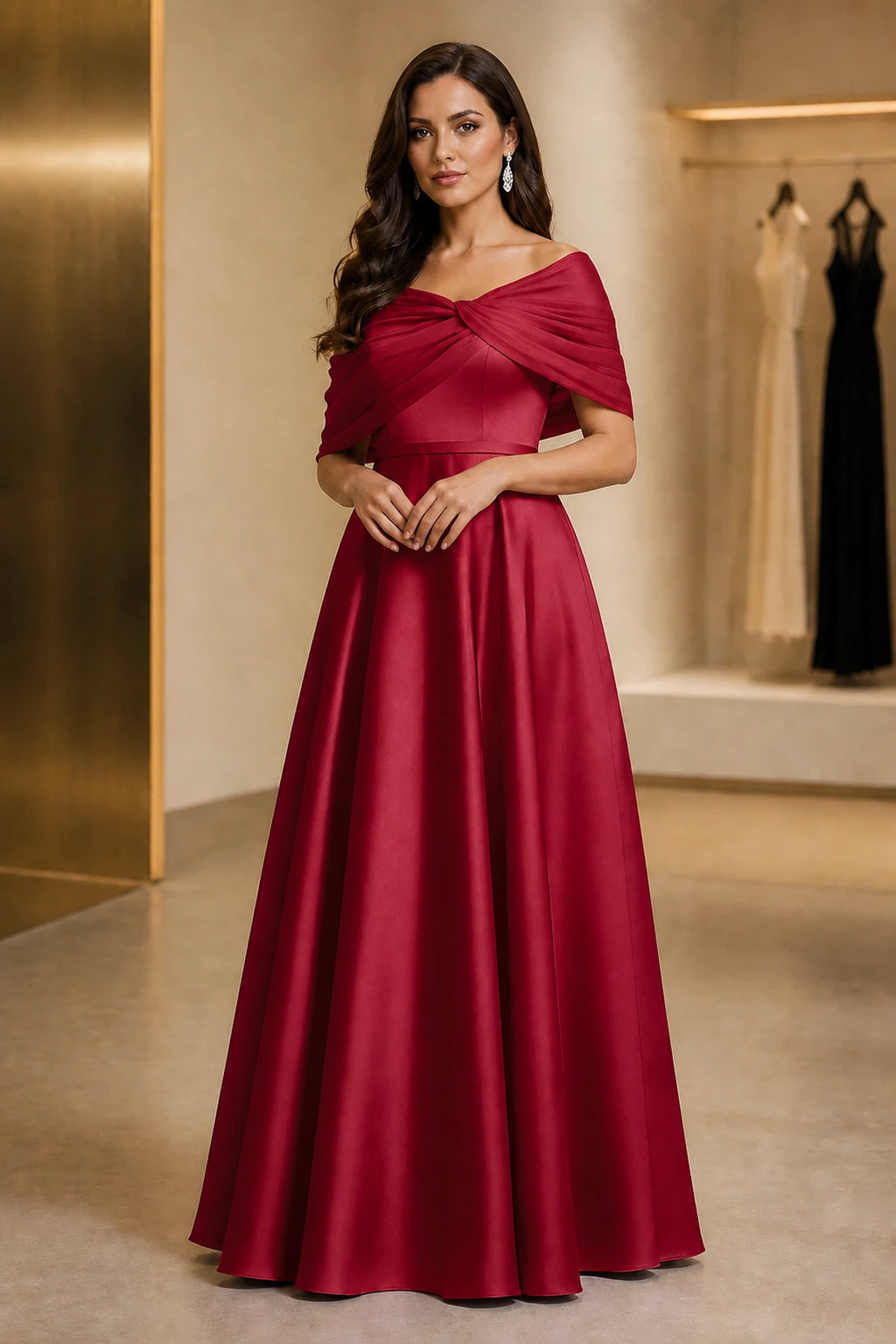 Regal A-Line Off Shoulder Short Sleeve Ruched Back Long Mother of the Bride Dress
