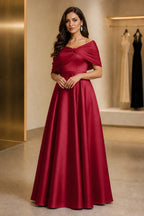 Regal A-Line Off Shoulder Short Sleeve Ruched Back Long Mother of the Bride Dress