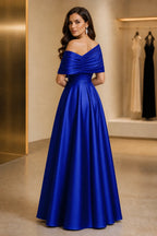 Royal blue A-line off shoulder Mother of the Bride Dress with ruched back and floor-length skirt by Vedress